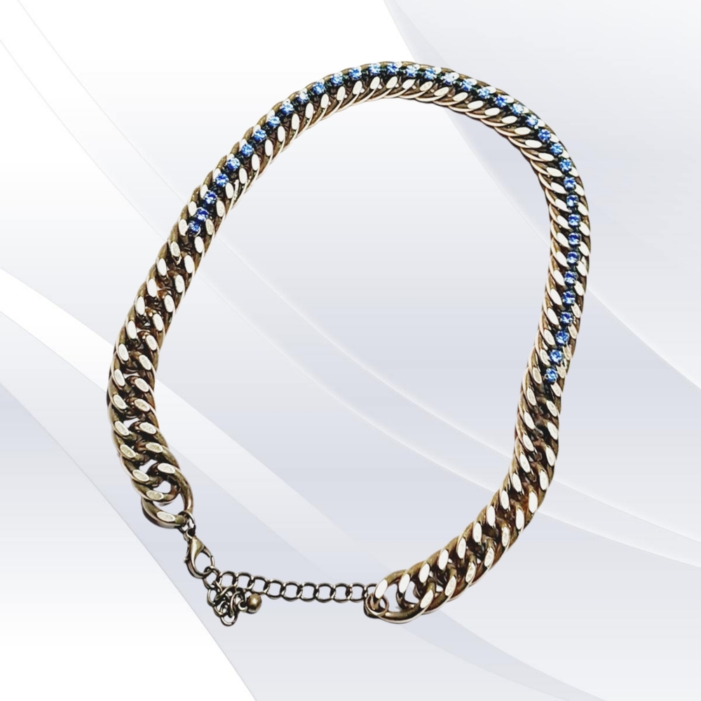 Solid Brass Chain Link Statement Choker With Blue… - image 7